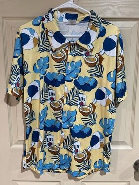 Miller Lite Beer Tropical Print Short-Sleeve Button-Down Hawaiian Shirt
